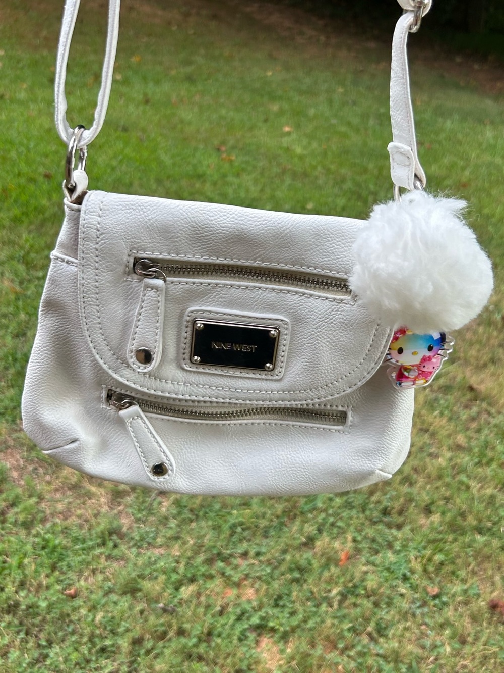 Nine West White Crossbody Bag Multi-Zip Flap with Hello Kitty Charm